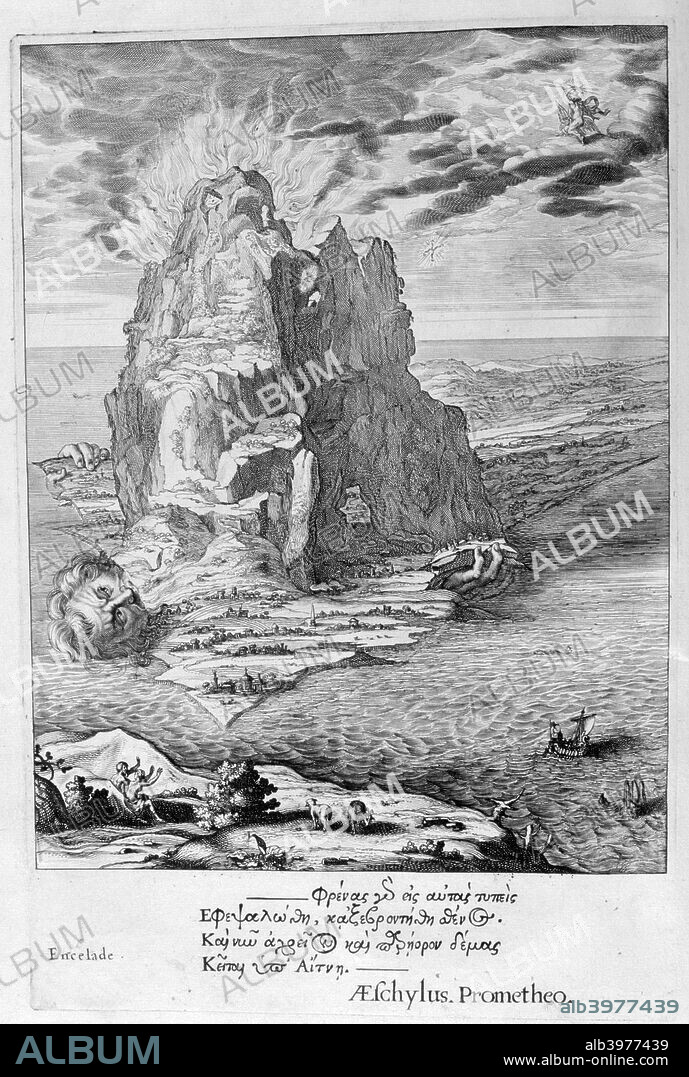 Enceladus buried underneath Mount Etna, 1655. A plate from Michel de Marolles's Tableaux du Temple des Muses, Paris, 1655. Found in the collection of Jean Claude Carriere.