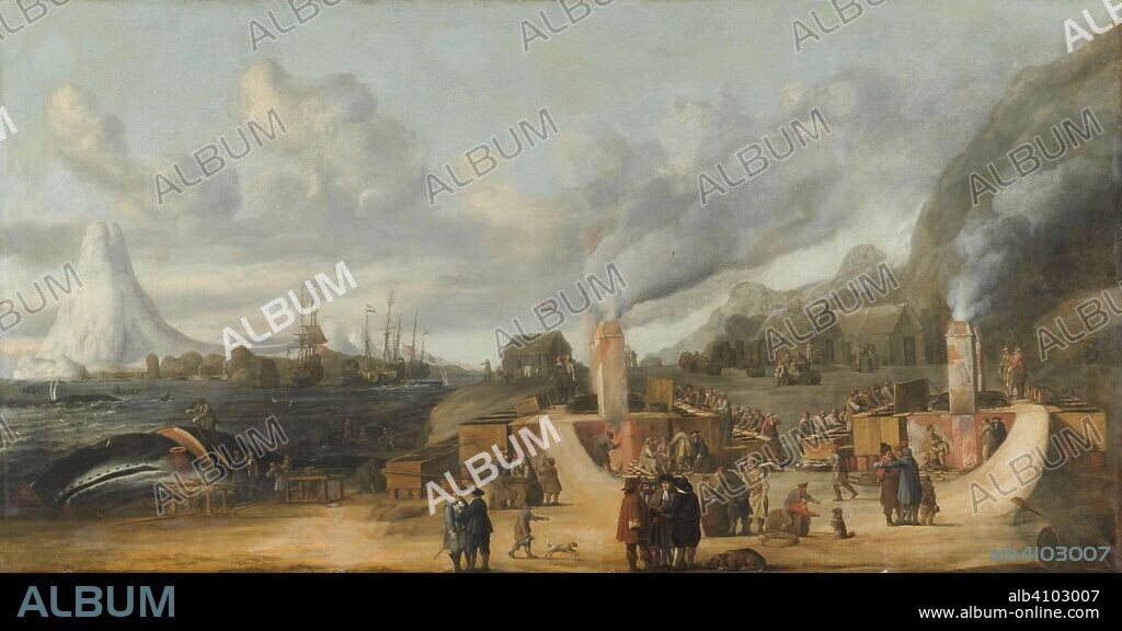 CORNELIS DE MAN. The Whale-oil Refinery near the Village of Smerenburg. A Whale-Oil Factory of the Nordic or Greenland Company on Amsterdam Island at the north end of Spitzbergen (Svalbard). Dating: 1639. Measurements: h 108 cm × w 205 cm; h 131 cm × w 229 cm × t 10.5 cm.