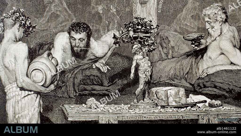 Ancient Rome. Young slave serving patricians who are lying on a triclinium during a banquet. Engraving  in "The Spanish and American Illustration" (1887).