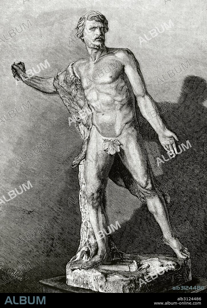 VIRIATO (m. -139). Caudillo lusitano. Durante la sublevación de los lusitanos contra la expansión de Roma en Hispania a mediados del siglo II a. C. Venció a los ejércitos romanos. Grabado de la escultura de Jose Bellver, Viriato. Grabado por Severini. La Ilustración Española y Americana, 1872.