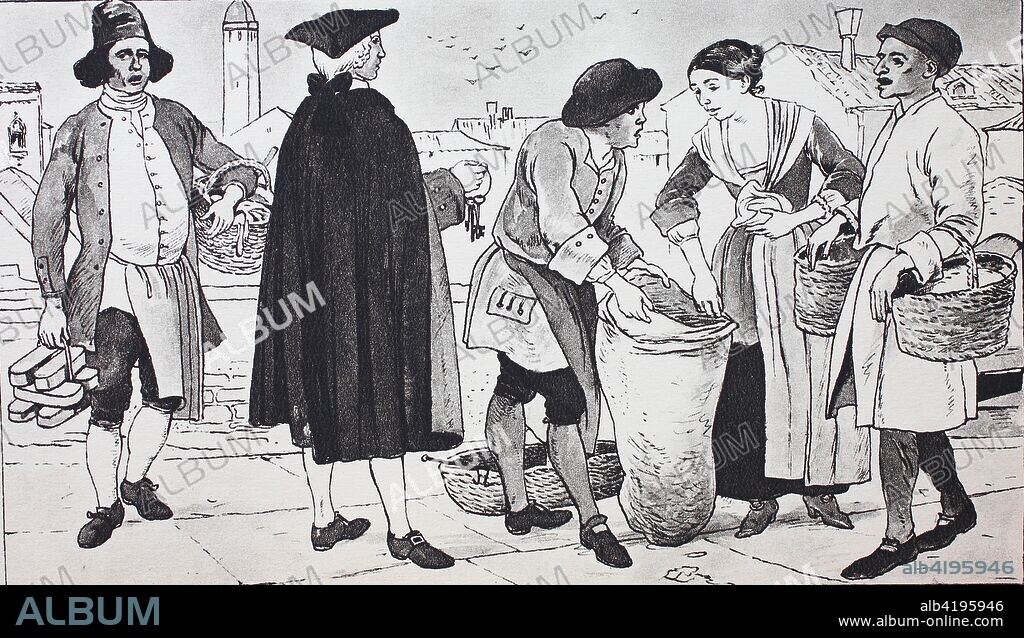 Fashion, clothes in Italy, Italian folk types around 1785 after Venetian engravings by Zamponi, from left, barker, supplier of fish, a lodge operator at the theater of Venice, then a rag-picker and an interested woman and a salesman, digital improved reproduction from an original from the year 1900.