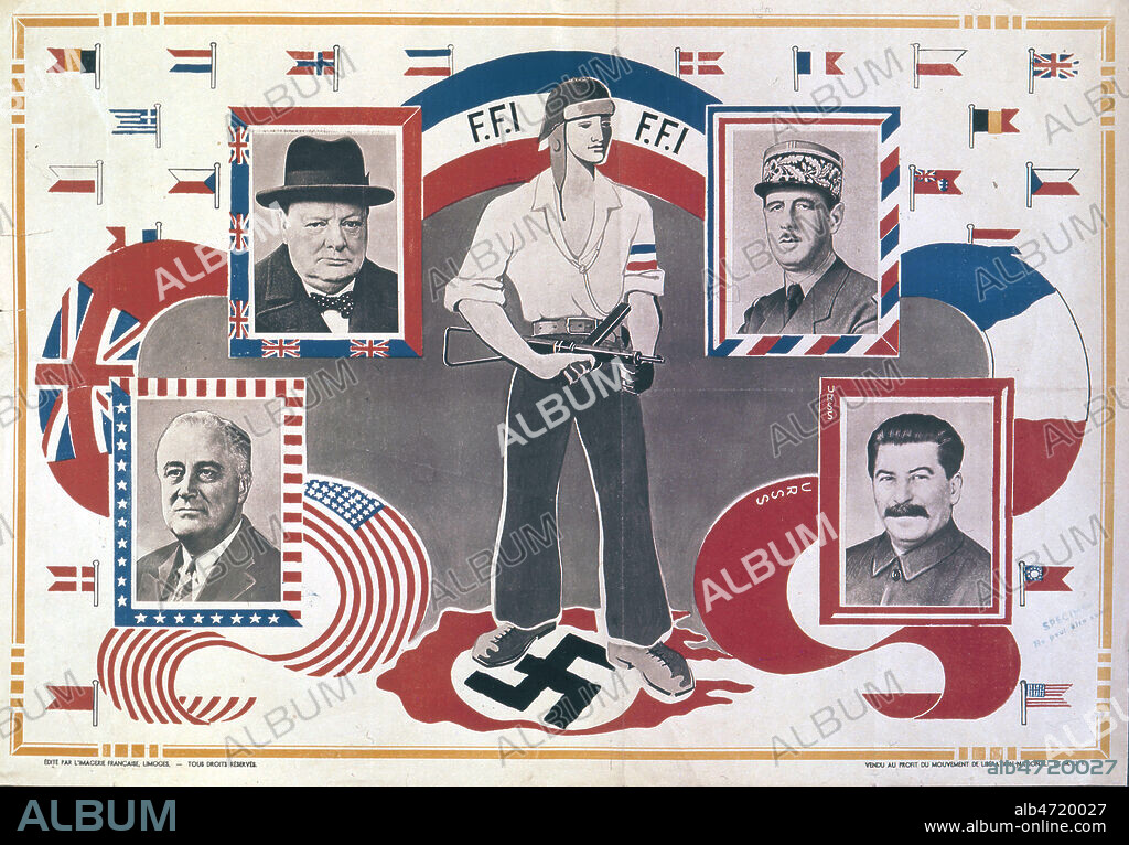 Affiche du mouvement de liberation nationale. Affiche de 1945 celebrant la victoire des allies et de la resistance en France avec en medaillon les portraits de Joseph Staline (1879-1953) en bas a droite, Charles De Gaulle (1890-1970) en haut a droite, Franklin Delano Roosevelt (1882-1945) en bas a gauche, Winston Churchill (1874-1965) en haut a gauche. Cree en janvier 1944 par les Resistants Philippe Viannay et Claude Bourdet, le MLN regroupe plusieurs mouvements de Resistance, parmi lesquels « Defense de la France », « Resistance » et « Lorraine ». La création du MLN intervient apres celle du Consei national de la Résistance (mai 1943), realisee par Jean Moulin à la demande du general de Gaulle ; c'est la poursuite du processus d'unification des mouvements de Resistance, mouvements non-communistes.) Credit: Coll. Kharbine Tapabor.