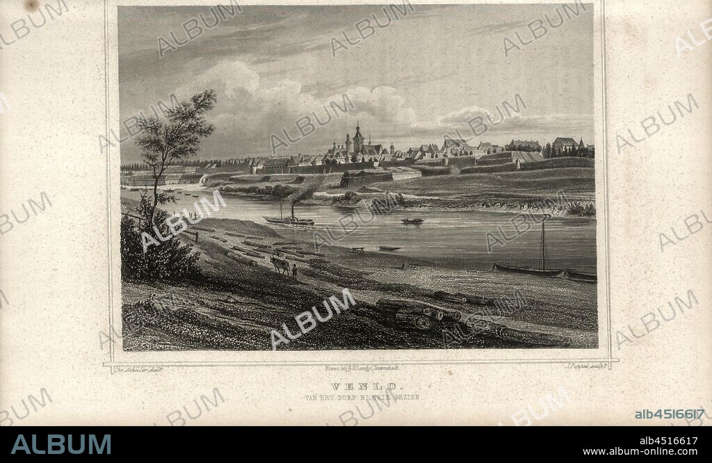 Venlo. Seen from the village of Blerik, Venlo view, signed: Chr. Schuler (del.); J. Poppel (sculp.), P. 550, p. 865, Schuler, Chr. (del.); Poppel, Johann (sculp.), 1863, Der Rhein und die Rheinlande in malerischen Original-Ansichten: Abtheilung 3, Section 2 / Holland. Darmstadt: Druck und Verlag von Gustav Lange, 1863.