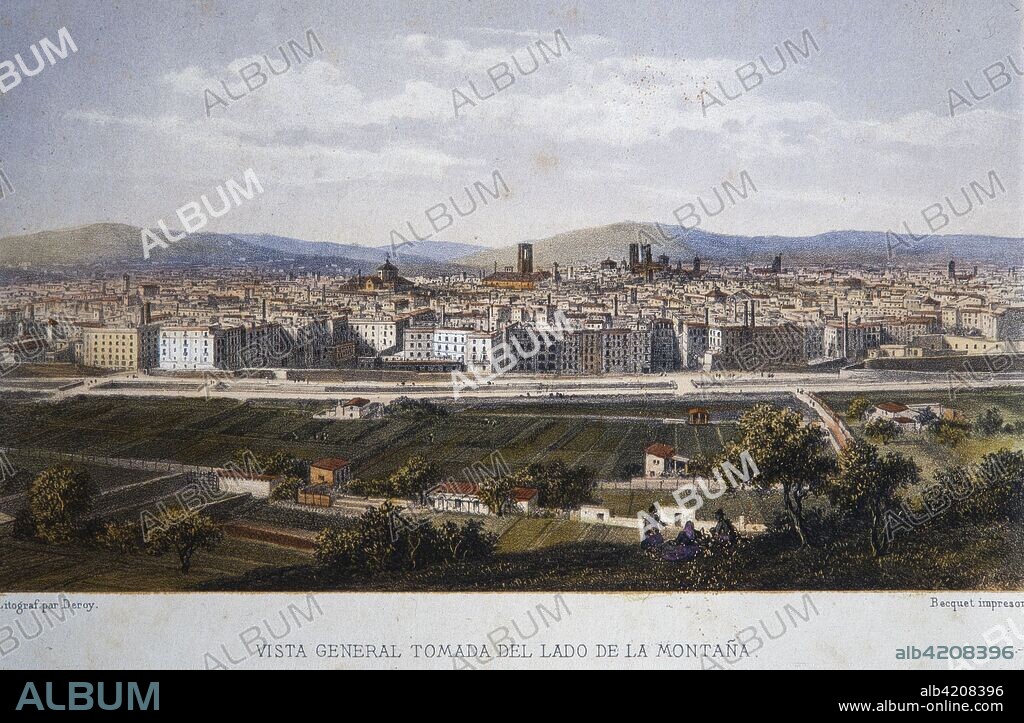 ISIDORE LAURENT DEROY. Panorámica de Barcelona, 1857, Litografía.