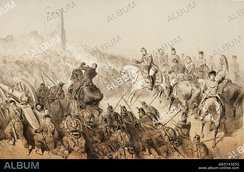 Ital. Befreiungs- & Einigungskriege /. Krieg Piemonts und Frankreichs gegen Österreich 1859 / Schlacht bei Solferino am 24. Juni 1859. "BATAILLE DE SOLFERINO". (Kaiser Naopoleon III. in der Schlacht). Lithographie, zeitgenössisch, von Gustave Doré (1832-1883). Paris, Bibliothèque Nationale.