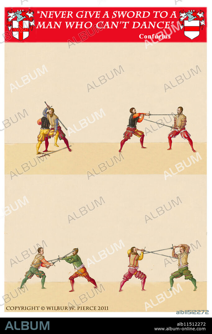 WILBUR PIERCE. "Never give a sword to a man who can't dance."  Quote by Confucius.  Illustrations from a manual of techniques in medieval combat combined with a quote.