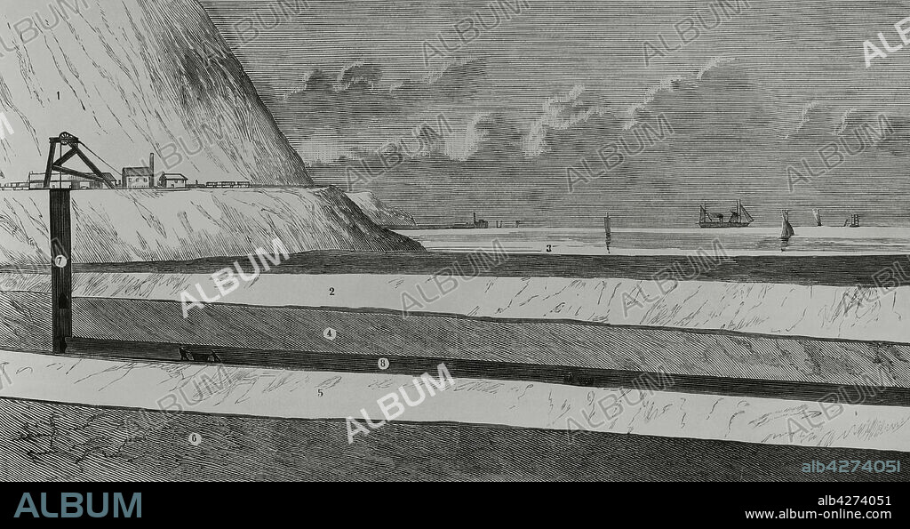 EL Canal de la Mancha. Sección longitudinal del túnel submarino entre Francia e Inglaterra (lado de Dover).1- Dique artificial, con entrada vertical que conduce al túnel, 2- Capa de pizarra permeable, 3- Nivel del mar. 4- Capa compacta e impermeable, de pizarra. 5- Capa de arcilla, impermeable. 6- Capa de arena, permeable. 7- Entrada vertical al túnel. 8- Túnel. Grabado. La Ilustración Española y Americana, 30 de junio de 1882.