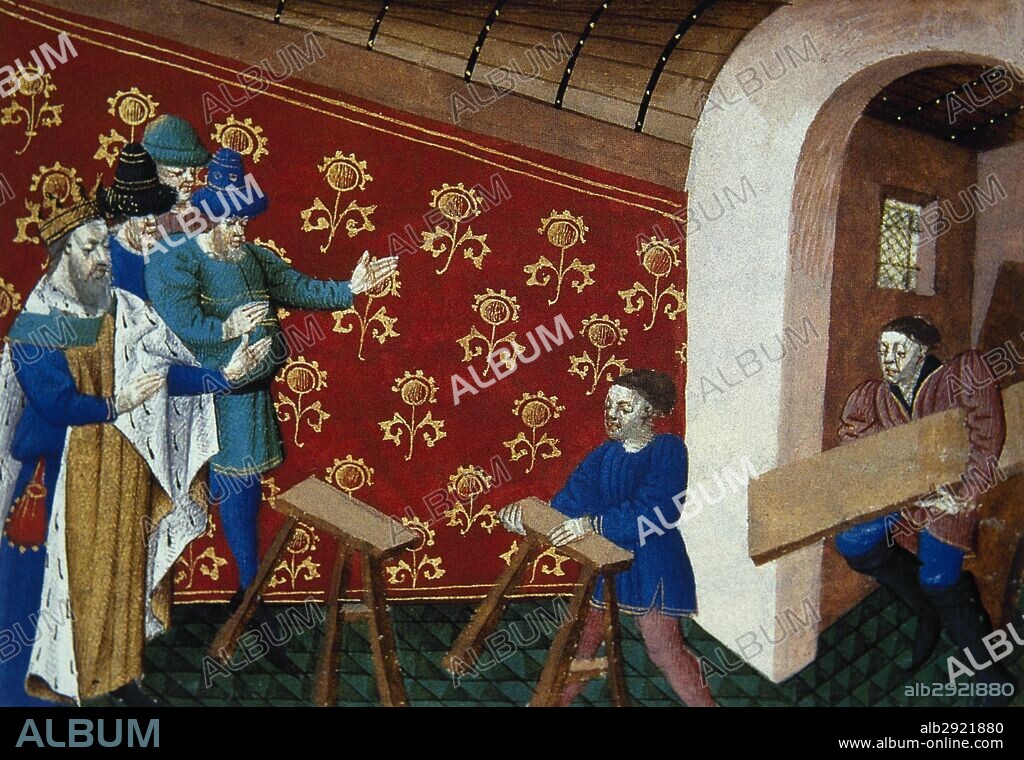 "EL REY ARTURO MANDA PREPARAR EL BANQUETE EN HONOR DE LOS CABALLEROS DE LA MESA REDONDA". Miniatura del "ROMAN DE TRISTAN", datado en el siglo XV. Castillo de Chantilly. Francia.