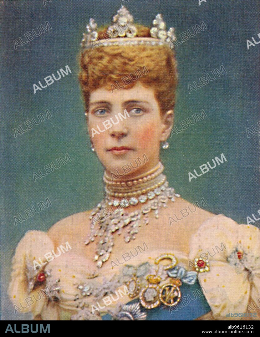 'Alexandra of Denmark', 1935. Alexandra of Denmark (1844-1925) was Queen of the United Kingdom and the British Dominions and Empress of India as the wife of King Edward VII.From "Kings & Queens of England - A Series of 50". [John Player & Sons, London, 1935].