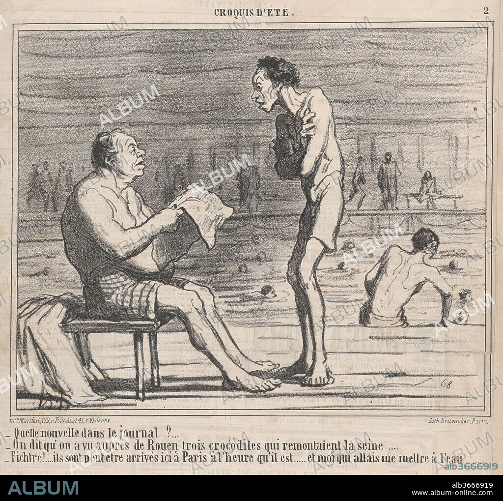 HONORE DAUMIER. Quelle nouvelle dans le journal?...., from Croquis d'Été, published in Le Charivari, August 5, 1859. Artist: Honoré Daumier (French, Marseilles 1808-1879 Valmondois). Dimensions: Image: 8 1/2 × 10 1/2 in. (21.6 × 26.7 cm)
Sheet: 11 13/16 × 11 3/16 in. (30 × 28.4 cm). Printer: Destouches (Paris). Publisher: Aaron Martinet (French, 1762-1841). Series/Portfolio: Croquis d'Été. Date: August 5, 1859.