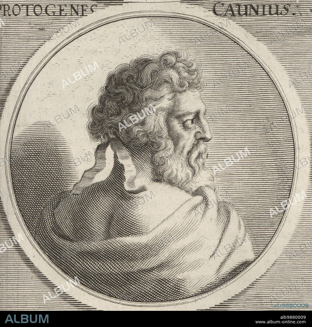 Protogenes, ancient Greek painter, a contemporary rival of Apelles, 4th century BC. Born in Caunus, on the coast of Caria, but lived in Rhodes. Protogenes Caunius. Copperplate engraving by Philipp Kilian after an illustration by Joachim von Sandrart from his LAcademia Todesca, della Architectura, Scultura & Pittura, oder Teutsche Academie, der Edlen Bau- Bild- und Mahlerey-Kunste, German Academy of Architecture, Sculpture and Painting, Jacob von Sandrart, Nuremberg, 1675.