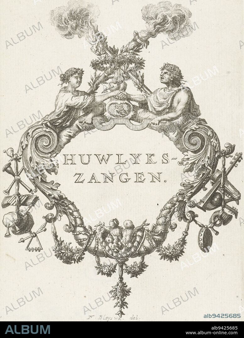 Title vignette with frame incorporating wedding couple and symbols of love The bride and groom reach out to each other and their love is symbolized with a burning heart and burning torches Two horns of plenty close the frame at the bottom and the curling ornaments on the left and right that join the horns and figures are decorated with ribbons from which hang musical instruments and garlands, Title vignette with frame incorporating wedding couple and symbols of love Title vignette for: Hubert Kornelisz Poot, Poems, Delft Huwlykszangen , print maker: François van Bleyswijck, (mentioned on object), François van Bleyswijck, (mentioned on object), Leiden, 1681 - 1746, paper, etching, h 133 mm × w 98 mm.