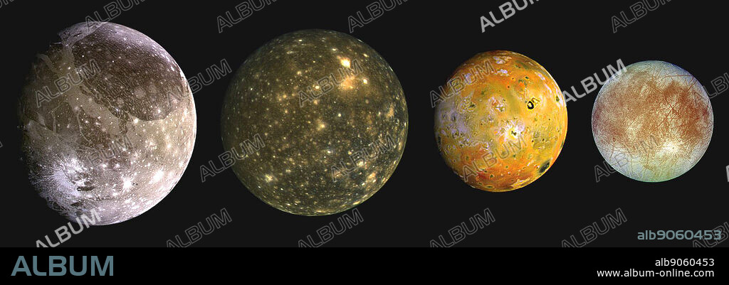 This composite includes the four largest moons of Jupiter which are known as the Galilean satellites. From left to right, the moons shown are Ganymede, Callisto, Io, and Europa. The Galilean satellites were first seen by the Italian astronomer Galileo Galilei in 1610. In order of increasing distance from Jupiter, Io is closest, followed by Europa, Ganymede, and Callisto. The order of these satellites from the planet Jupiter helps to explain some of the visible differences among the moons. Io is subject to the strongest tidal stresses from the massive planet. These stresses generate internal heating which is released at the surface and makes Io the most volcanically active body in our solar system. Europa appears to be strongly differentiated with a rock/iron core, an ice layer at its surface, and the potential for local or global zones of water between these layers. Tectonic resurfacing brightens terrain on the less active and partially differentiated moon Ganymede. Callisto, furthest from Jupiter, appears heavily cratered at low resolutions and shows no evidence of internal activity.