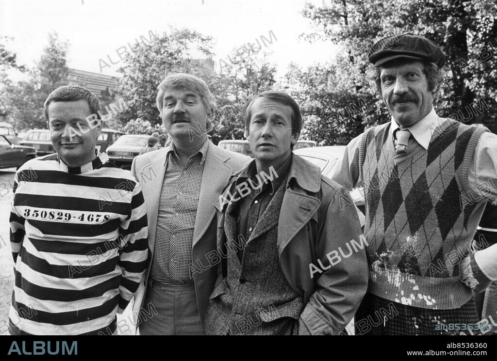 STOCKHOLM 19750527. Presskonferens med Ernst Hugo Järegård, Hasse Alfredson, Gösta Ekman och Tage Danielsson på Långholmen med anledning av filmen " Släpp fångarne loss det är vår" . Foto Scanpix / Kod 20360.