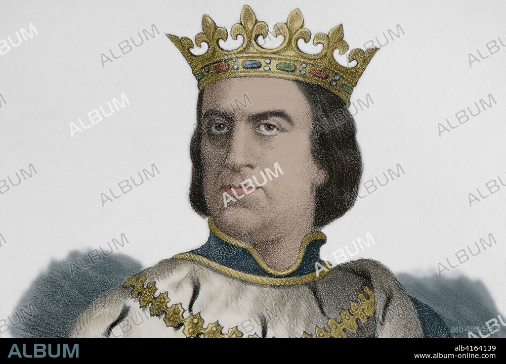 Martin of Aragon the Humane (1356-1410). King of Aragon, Valencia, Sardinia, Corsica and Count of Barcelona. Lithography, detail. Later colouration. Cronica General de Espa–a, Historia Ilustrada y Descriptiva de sus Provincias. Catalonia. 1866.