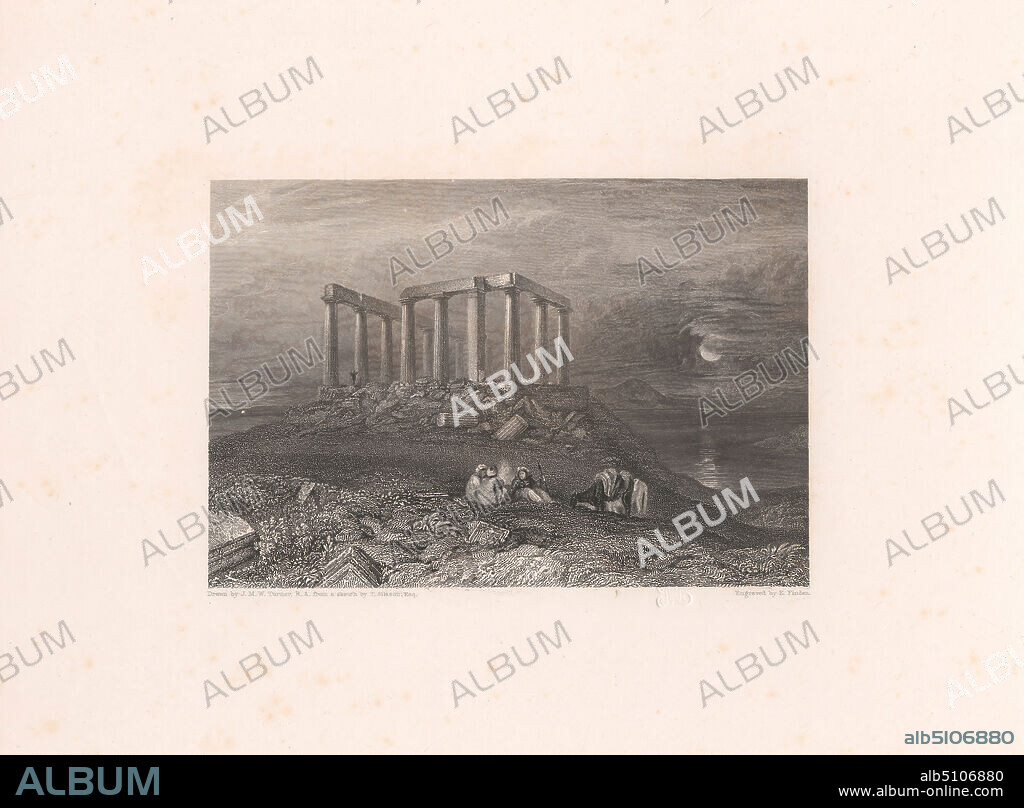 Temple of Minerva, Cape Colonna, Edward Francis Finden, 17911857, British, after Joseph Mallord William Turner, 17751851, British, 1832-1834, Etching and engraving, Engraver's proof on moderately thick, slightly textured, beige, wove paper, with gray, chine colle, Sheet: 11 1/4 × 16 3/4 inches (28.6 × 42.5 cm), Plate: 7 3/16 × 9 13/16 inches (18.3 × 24.9 cm), Chine collé: 6 7/8 × 9 1/4 inches (17.5 × 23.5 cm), and Image: 3 5/8 × 5 3/8 inches (9.2 × 13.7 cm).