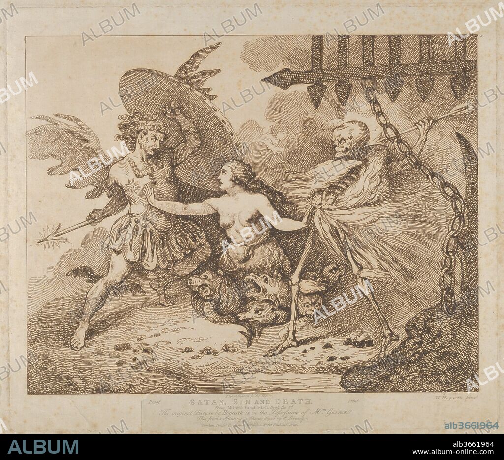 Satan, Sin and Death (Paradise Lost, Book the 2nd). Artist: Thomas Rowlandson (British, London 1757-1827 London); After William Hogarth (British, London 1697-1764 London); After Richard Livesay (British, 1753-1823 Southsea). Author: Illustrates John Milton (British, London 1608-1674 London). Dimensions: plate: 12 7/8 x 14 7/8 in. (32.7 x 37.8 cm)
sheet: 13 9/16 x 15 11/16 in. (34.4 x 39.8 cm). Publisher: Published London by Robert Wilkinson (British, active 1760-1825). Date: after 1790.