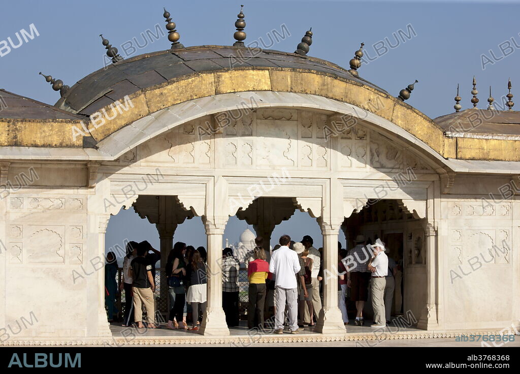 Taj Mahal from Khas Mahal Palace built 17th Century by Mughal Shah Jehan for his daughters at Agra Fort, India.
