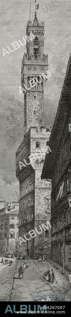 Italia. Florencia. Exterior del Palazzo Vecchio, iniciado en 1299 y finalizado en 1314. Grabado. La Ilustración Española y Americana,22 de julio de 1881.