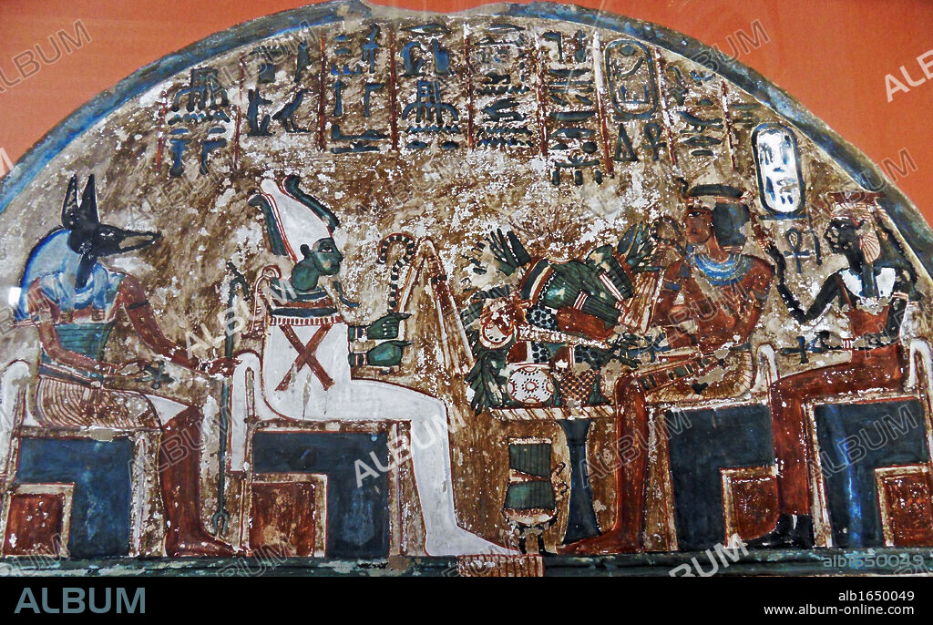 Stele Irynefer: Top level:The gods Anubis and Osiris enthroned facing Ahmose Nefertari and Amenhotep first deified: Reign of Seti I and Ramses II to 1290-1220 BC.