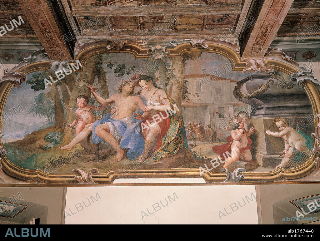 Stories of Angelica and Medoro, by Giuseppe Antonio Orelli, 1750-1799 about, 18th Century,. Italy, Vimercate (Milan), Palazzo Trotti, Room of Angelica and Medoro. All. Angelica and Medoro carving their names. Scene fresco frame Angelica Medoro lovers hero heroine love romance putti tree trunk bark branches leaves trunks children birds dresses clothes garments drapery blue white red green.