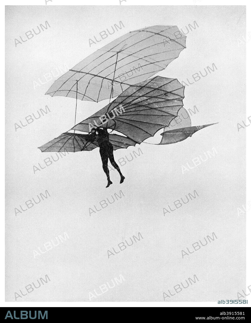 Otto Lilienthal makes one of his last flights, 1896 (1956). Otto Lilienthal (1848-1896) German gliding pioneer and aeronautical inventor, flying one of his gliders. He made about 2000 flights before being killed. His designs influenced the Wright Brothers. A print from Things, a volume about the origin and early history of many things, common and less common, essential and inessential, by Readers Union, the Grosvenor Press, London, 1956.
