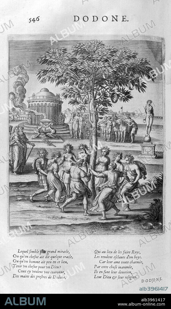 'Dodona', 1615. Dodona in Epirus, northwestern Greece, was a prehistoric oracle devoted to the Greek god Zeus and the Mother Goddess identified at other sites with Rhea or Gaia, but here called Dione. A plate from Les Images Ou Tableaux De Platte.
