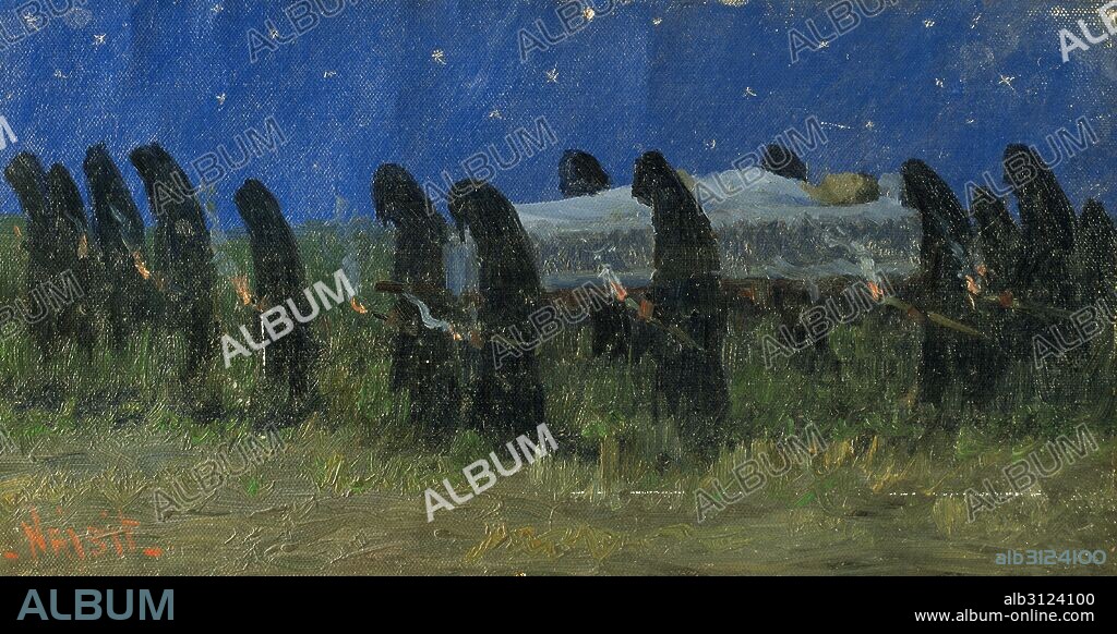 Funeral procession at night by Modest Urgell (1839-1919). Catalan painter. Oil on canvas (size: 18,5 x 37,5 cm). Signed under the pseudonym of Naisit. Diocesan Museum of Barcelona, Catalonia, Spain.