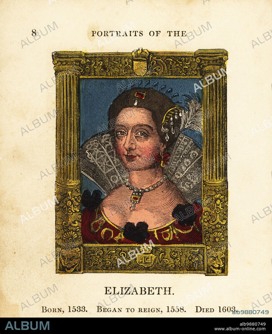 Portrait of Queen Elizabeth I of England, Elizabeth the First, born 1533, began reign 1558 and died 1603. In low-cut dress decorated with high lace collar, gems and feathers in her hair, within ornate frame. Handcolored engraving by Cosmo Armstrong from Portraits and Characters of the Kings of England, from William the Conqueror to George the Third, John Harris, London, 1830.