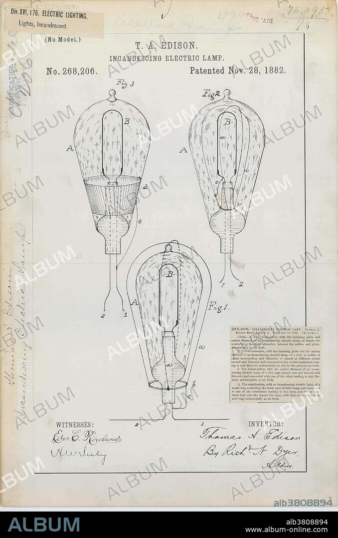 Thomas Edison's Incandescent Electric Lamp Patent. Edison began research into developing a practical incandescent lamp in 1878. He filed his first patent application for "Improvement In Electric Lights" in October 1878. After many experiments, first with carbon in the early 1880s and then with platinum and other metals, in the end Edison returned to a carbon filament. The first successful test was on October 22, 1879, and lasted 13.5 hours. Edison continued to improve this design and by November 4, 1879, filed for a US patent for an electric lamp using "a carbon filament or strip coiled and connected to platina contact wires." An incandescent light bulb, incandescent lamp or incandescent light globe is an electric light with a wire filament heated to a high temperature, by passing an electric current through it, until it glows with visible light (incandescence). The hot filament is protected from oxidation with a glass or quartz bulb that is filled with inert gas or evacuated.