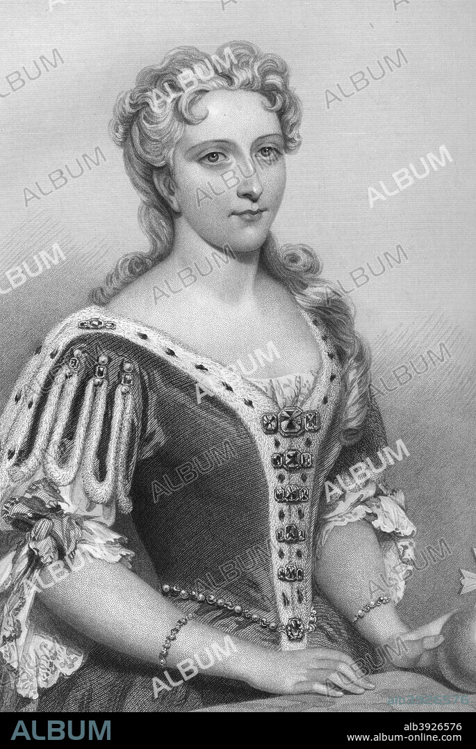 Caroline of Brandenburg-Ansbach (1683-1737), queen consort of King George II, 1851. From Biographical Sketches of the Queens of Great Britain, from the Norman Conquest to the Reign of Victoria, or Royal Book of Beauty, edited by Mary Howitt, Henry G Bohn, London, 1851.