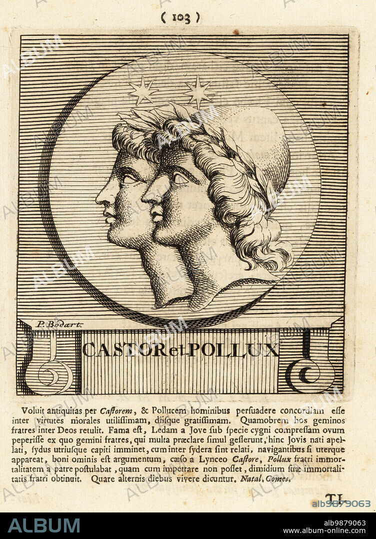 Castor and Pollux, twin half-brothers in Roman mythology, Polydeukes in Greek myth, known together as the Dioscuri. Copperplate engraving by Pieter Bodart (1676-1712) from Henricus Spoors Deorum et Heroum, Virorum et Mulierum Illustrium Imagines Antiquae Illustatae, Gods and Heroes, Men and Women, Illustrated with Antique Images, Petrum, Amsterdam, 1715. First published as Favissæ utriusque antiquitatis tam Romanæ quam Græcæ in 1707. Henricus Spoor was a Dutch physician, classical scholar, poet and writer, fl. 1694-1716.