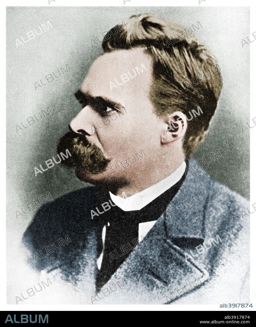 'Superman': Friedrich Nietzsche, German philosopher, 19th century (1956). Nietzsche (1844-1900) put forward the idea of the Übermensch (Superman) as an objective for humanity to aspire to in his book Thus Spoke Zarathustra, published in 1883. From the Picture Post Library. A print from 'Ideas, a volume about the origin and early history of many things, common and less common, essential and inessential', by Readers Union The Grosvenor Press, London, 1956. (Colorised black and white print).