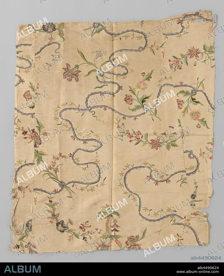 Fragment covering of cream-colored ripping silk with colorful embroidery with capriciously swinging ribbons including palm trees and deciduous huts (?), Branches and tendrils, Fragment covering of cream-colored ripping silk with colorful embroidery of symmetrical-wide and capriciously swinging, scalloped ribbons of half light blue, half purple. At large distances there are alternately a palm tree and an overgrown pergola (deciduous huts?). Loose branches with nuanced colored flowers are tied in a loop of the ribbons, while thinner tendrils with fine flowers wrap around the ribbons., France (possibly), 1740 - 1760, silk, embroidering, h 76.0 cm × w 65.0 cm.