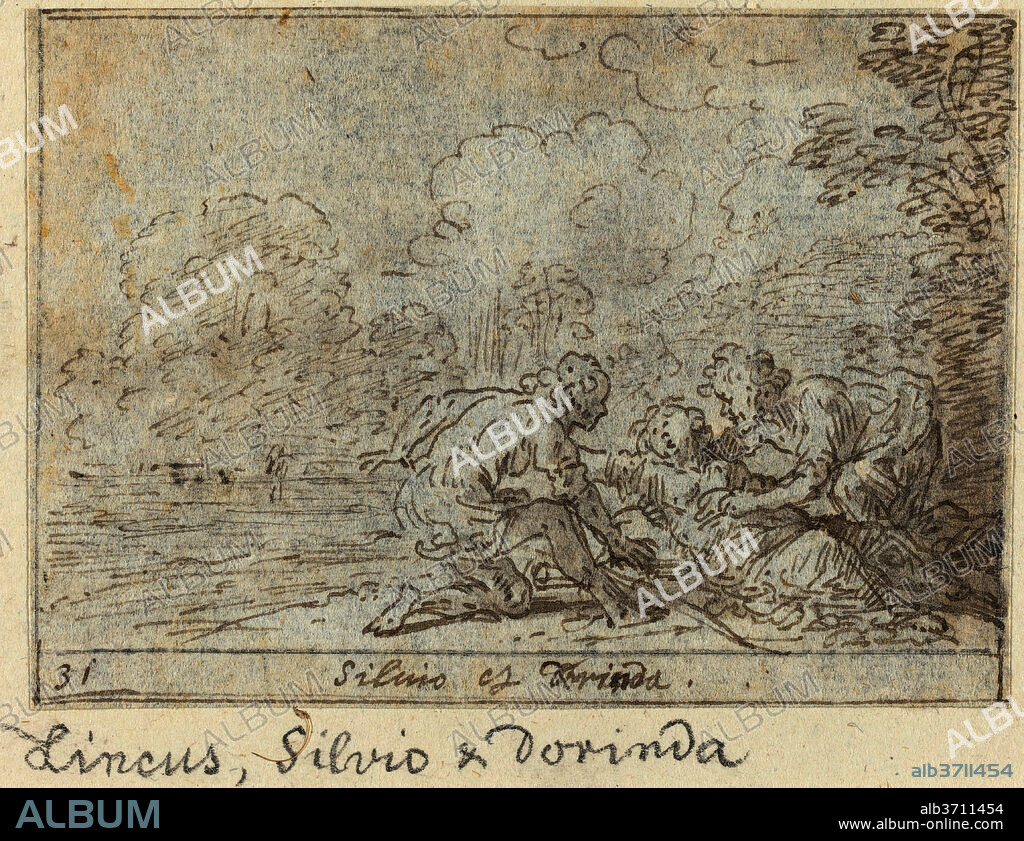 JOHANN WILHELM BAUR. Linco, Silvio and Dorinda. Dated: 1640. Dimensions: overall: 6.4 x 9 cm (2 1/2 x 3 9/16 in.). Medium: pen and brown ink with brown wash lightly squared in graphite on laid paper.