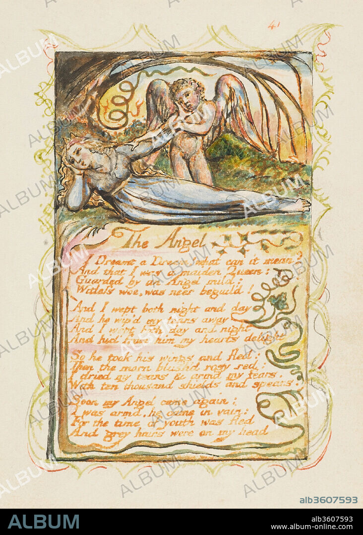 Songs of Innocence and of Experience: The Angel. Artist: William Blake (British, London 1757-1827 London). Dimensions: sheet: 6 3/16 x 5 9/16 in. (15.7 x 14.1 cm). Date: ca. 1825.