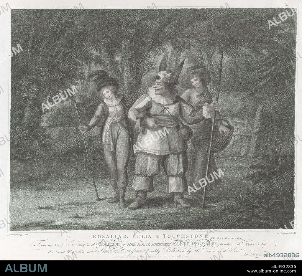 John Chapman, Rosalind, Celia & Touchstone (Shakespeare, As You Like It, Act 2, Scene 2), Macklin's Shakespeare, John Chapman (British, active 17921823), After Henry William Bunbury (British, Mildenhall, Suffolk 17501811 Keswick, Cumberland), William Shakespeare (British, Stratford-upon-Avon 15641616 Stratford-upon-Avon), Princess Frederica Charlotte (17671820), June 1, 1792, Stipple engraving and etching, Plate: 16 5/16 × 19 in. (41.5 × 48.2 cm), Sheet: 17 1/8 × 21 1/4 in. (43.5 × 54 cm), Prints.