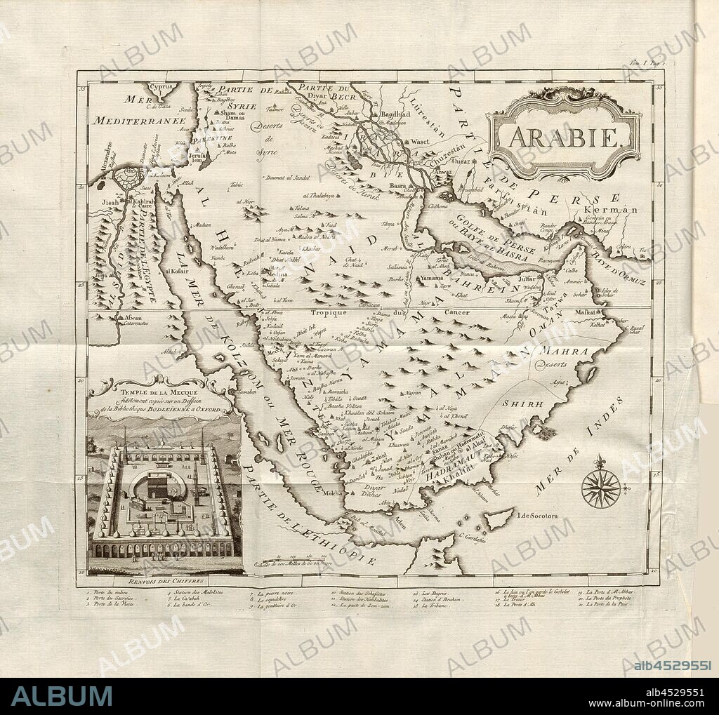 Arabia and Temple of Mecca, Map of the Middle East and Holy Mosque (Al-Masjid al-Har m) in Mecca, Taf. 1, according to p. XV, Histoire universelle depuis le commencement du monde jusqu'à présent, traduite de l'anglois. T. 15. Amsterdam, Leipzig: chez Arkstée et Merkus, MDCCLX.