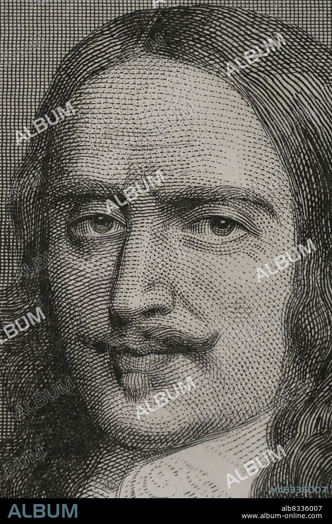 CHARLES GEOFFROY (1819-1882). FRENCH ENGRAVER.. Henri de la Tour d'Auvergne-Bouillon (1611-1675). French nobleman and military. Appointed Marshal of France in 1643 and Marshal-General of the Camps and Armies of the King in 1660. Portrait. Engraving by Geoffroy. Detail. "Historia Universal", by César Cantú. Volume VIII. 1858.