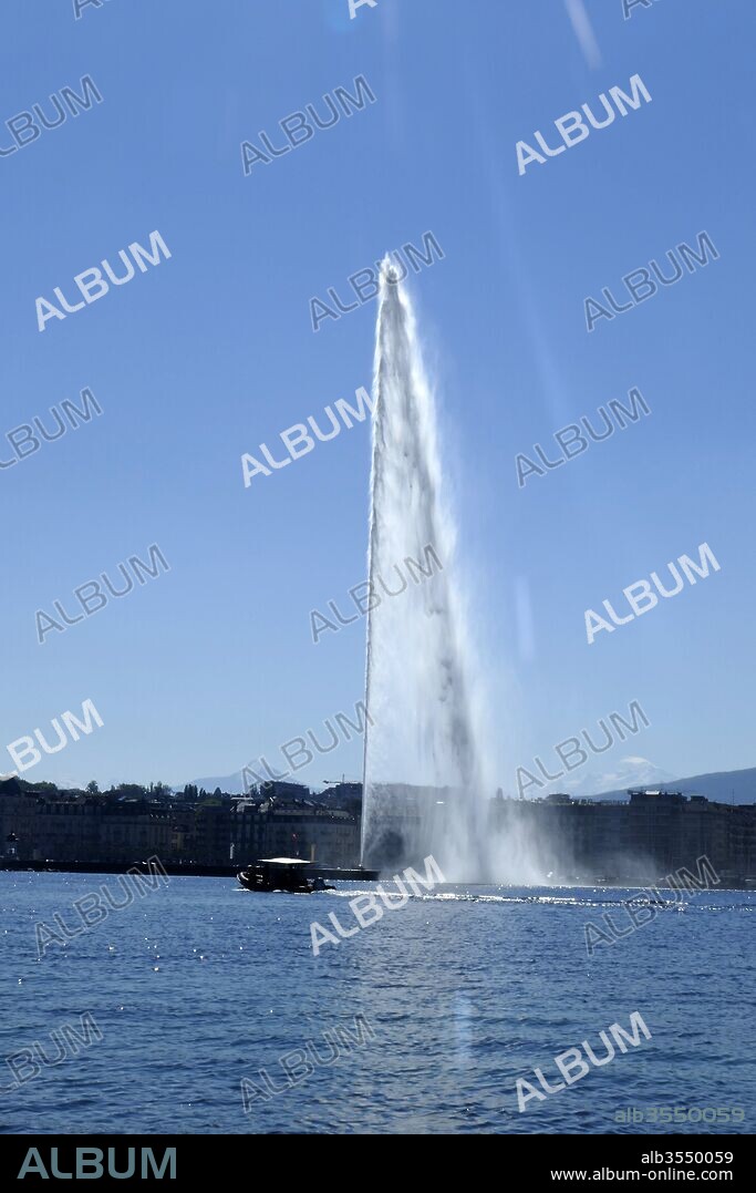 The water Jet on Lake Geneva, Switzerland. The Jet d'Eau is a large fountain in Geneva, Switzerland, and is one of the city's most famous landmarks.