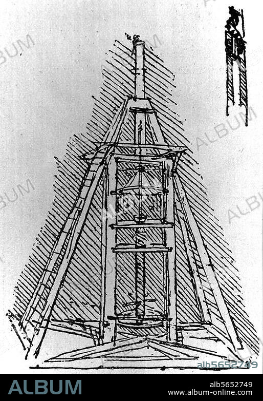 Leonardo da Vinci. 1452-1519. Große Bohrmaschine zum Ausbohren hölzerner Brunnenröhren. Zeichnung. Ms. B, fol. 47 verso. Paris, Bibliothèque de l'Institut de France.