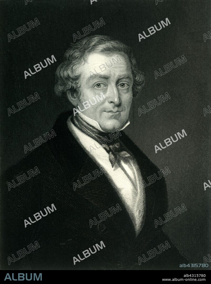 'Sir Robert Peel Bart.', c1820, (c1884). Sir Robert Peel, 2nd Baronet (1788-1850) British industrialist and Conservative, educated at  Christ Church, Oxford. Founded the Metropolitian Police Service, served twice as Prime Minister and Home Secretary during the reign of Queen Victoria. From "Leaders of the Senate: A Biographical History of the Rise and Development of the British Constitution, Vol. I.", by Alexander Charles Ewald, F.S.A. [William Mackenzie, London, Edinburgh & Berlin].