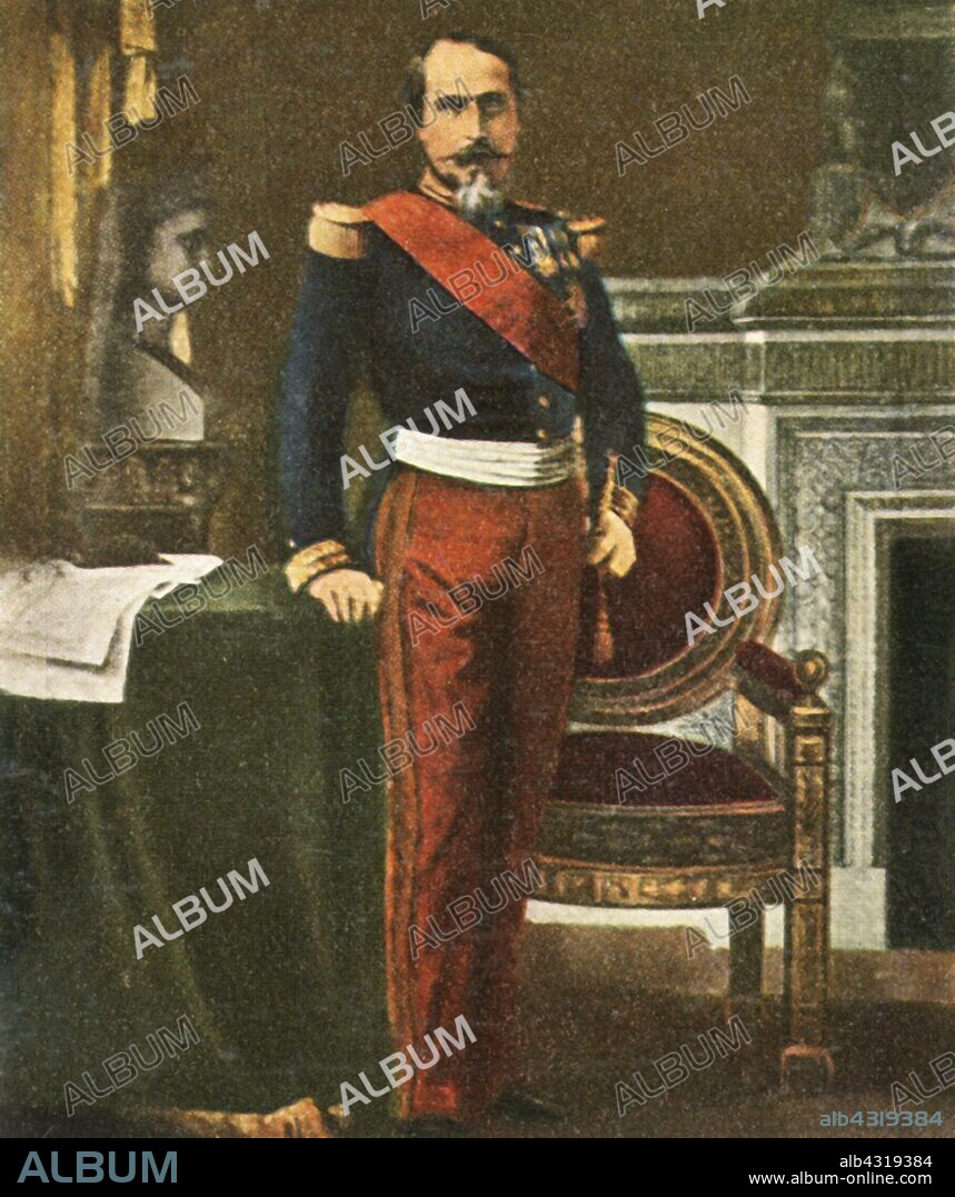 Emperor Napoleon III, (1936). 'Kaiser Napoleon III'. Portrait of Louis-Napoléon Bonaparte (1808-1873), the only President of the French Second Republic and, as Napoleon III, the Emperor of the Second French Empire. He was the nephew and heir of Napoleon I. After a painting by Hippolyte-Jean Flandrin, made in 1861, in the Castle of Compiegne Museum, France. From "Bilder Deutscher Geschichte", (Pictures of German History), No.12, cigarette card album. [Cigaretten-Bilderdienst, Altona-Bahrenfeld, Hamburg, Germany, 1936].