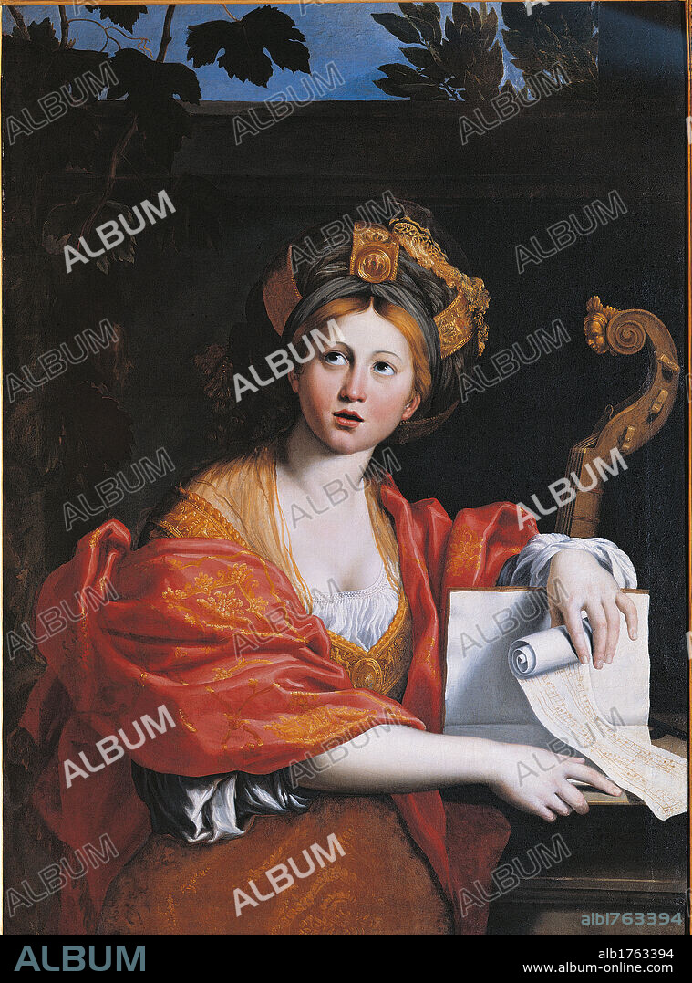The Cumaean Sibyl, by Domenico Zampieri known as il Domenichino, 1616-1617, 17th Century, oil on canvas, cm 123 x 89. Italy, Lazio, Rome, Borghese Gallery. All. Sibyl turban low neckline cloak mantle drape embroidery gold book scroll score pentagram stave music instrument ropes vine leaves wall red yellow white green brown light blue azure black. Authorization required for non editorial use.
