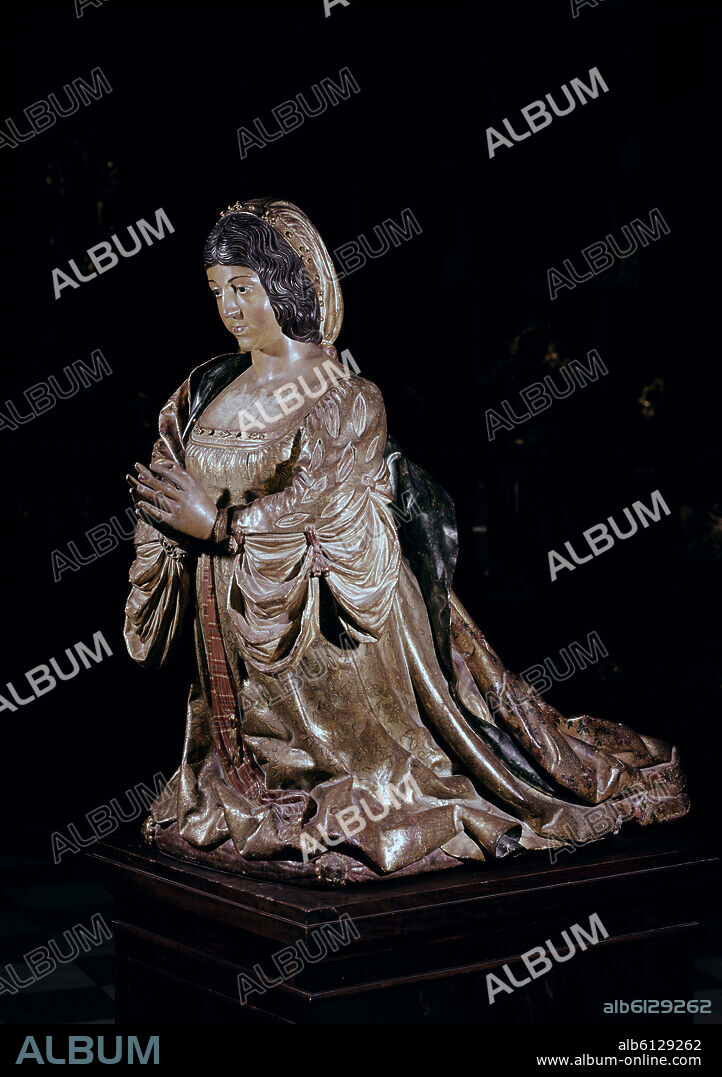 FELIPE BIGARNY (1475/1543). ISABEL LA CATOLICA- ESCULTURA EN MADERA POLICROMADA DE 1521 - RENACIMIENTO.