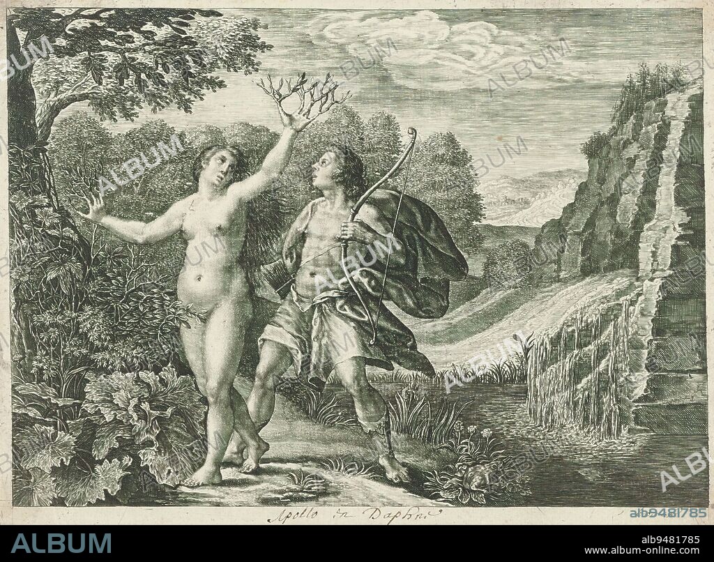 Apollo pursues Daphne, Metamorphoses by Ovid (series title), Apollo is in love with the nymph Daphne at the hands of Amor and pursues her. She prays to her father for salvation, after which laurel branches sprout from her raised arms and she turns into a tree., print maker: Crispijn van de Passe (I), (mentioned on object), print maker: Magdalena van de Passe, (rejected attribution), publisher: Crispijn van de Passe (I), (attributed to), c. 1636 - 1670, paper, engraving, height 173 mm × width 232 mm.