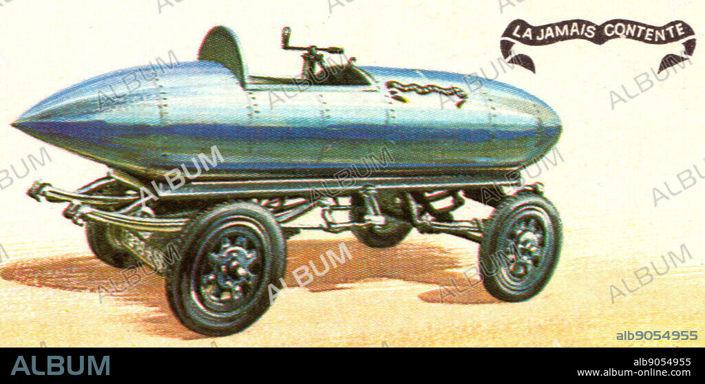 La Jamais Contente (The Never Satisfied) was the first road vehicle to go over 100 kilometres per hour (62 mph). It was a Belgian electric vehicle with a light alloy torpedo shaped bodywork and batteries.. Brooke Bond Tea collector card.