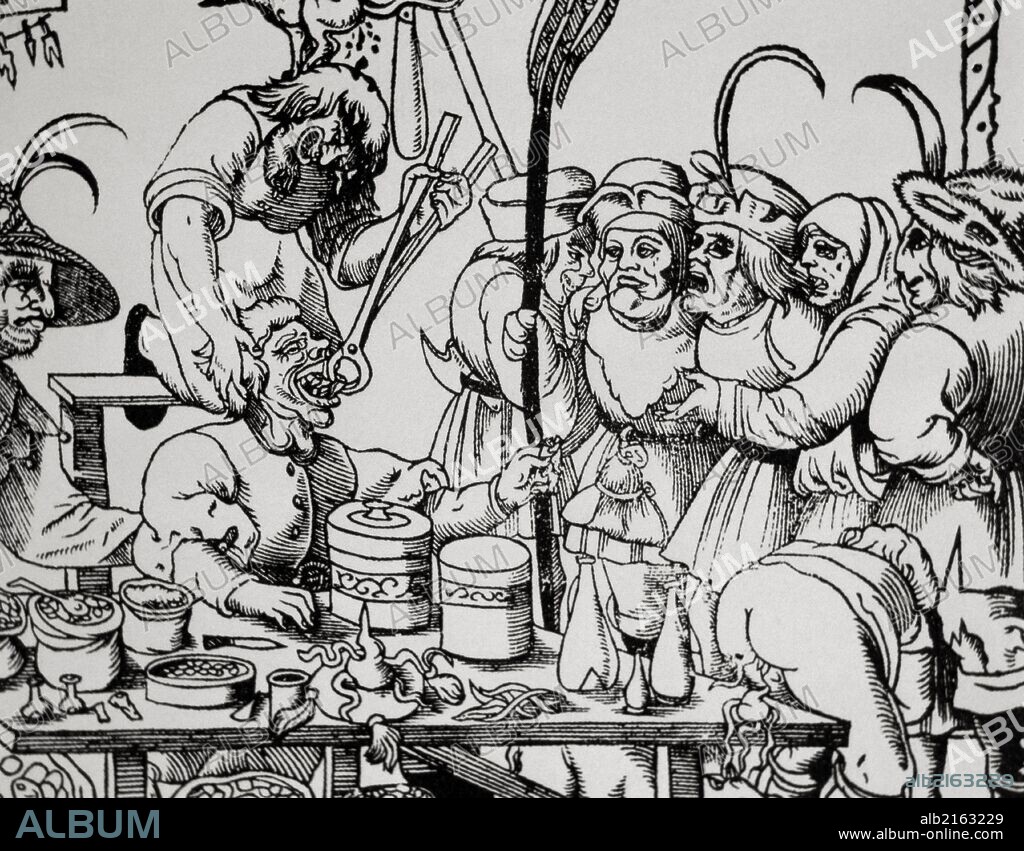 History of medicine. Dentist (barbers or general physicians). Middle Ages. Satire. Engraving of a collection of comic work. 12th century.