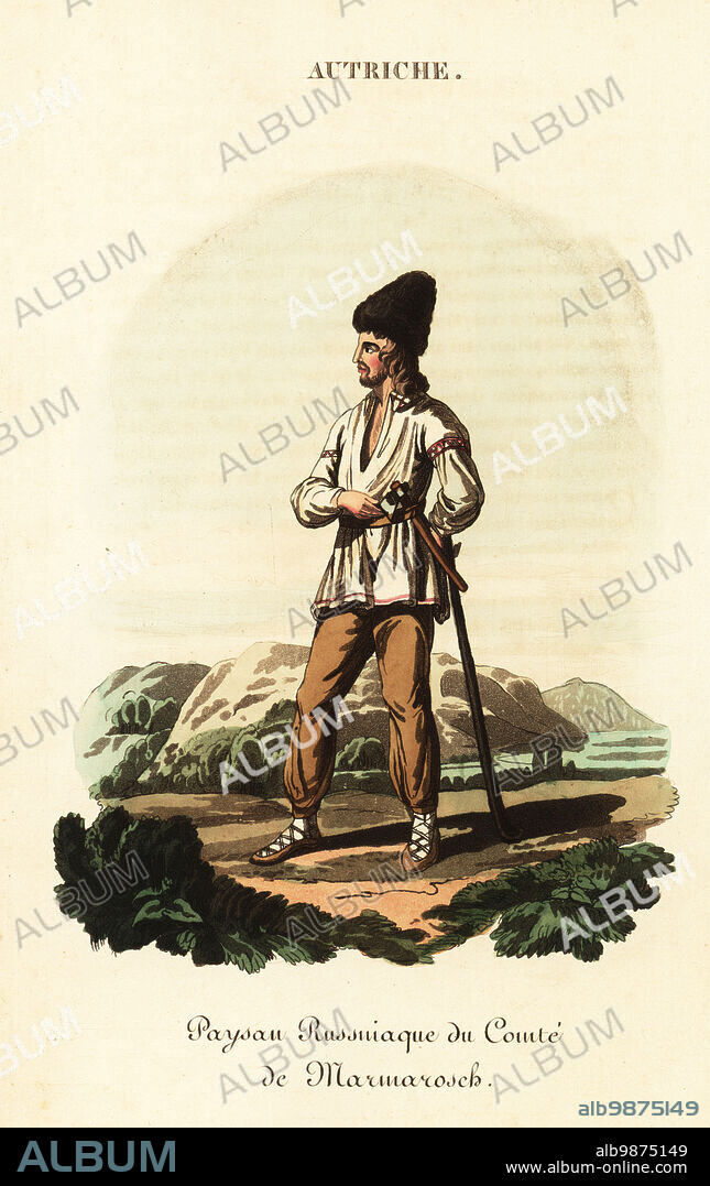 Russian serf, Mararmoros County, Kingdom of Hungary, 18th century. Cattle farmer in large black sheepskin bonnet, shirt, leather belt with small axe, pantaloons, half boots. Russniac peasant of the Palatinate of Marmoros, Paysan Russiaque du Comte de Marmarosch. Handcoloured copperplate engraving after an illustration by William Alexander from J-B. Eyries L'Autriche: Costumes, Moeurs et Usages des Autrichiens, Austria: Costumes, Manners and Mores of the Austrians, Librairie de Gide Fils, Paris, 1823. Jean-Baptiste Eyries (1767-1846) was a French geographer, author and translator.