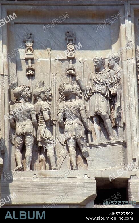 Mark Aurel (Marcus Aurelius Antoninus), röm. Kaiser (161-80); 121-180. - Szene aus dem Markomannenkrieg 166-180. Feierliche Ansprache des Kaisers an seine Soldaten (Allocutio). Relief von einem Bauwerk Mark Aurels. Wiederverwendet 315 am Konstantinsbogen in Rom. Rom, Konstantinsbogen, Attika der Südseite.